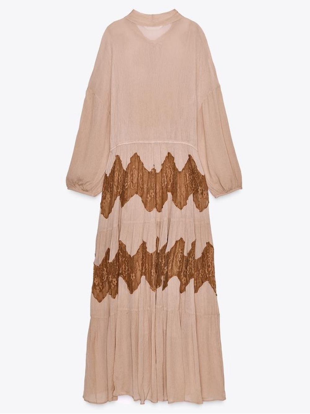 Zara Maxi Lace Dress Crinkle Long Rouched Sleeves High Tie Bow Collar V-Neck Med - Picture 8 of 16